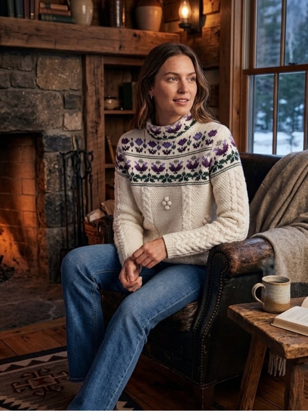 Lands' End Wool Blend Mock Neck Floral Chunky Knit Sweater Granny Size Small